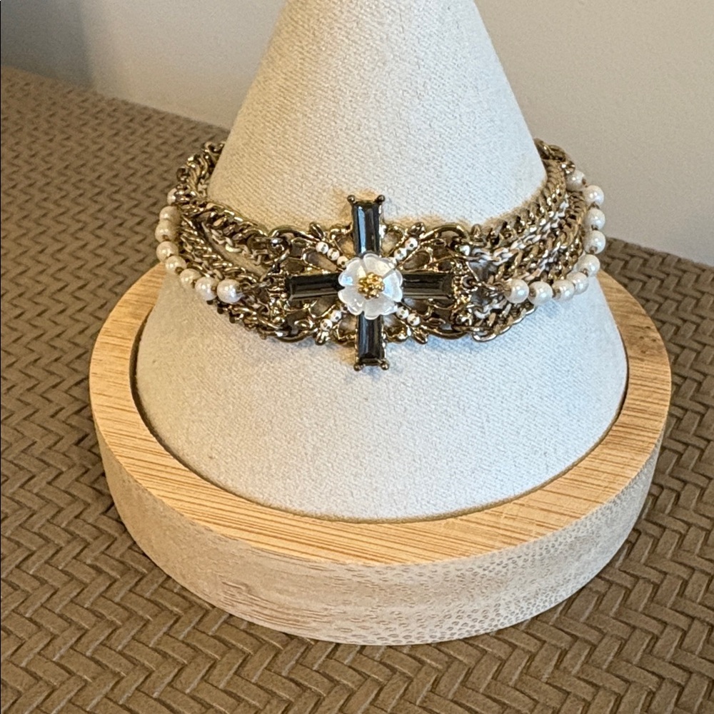 Intricate Gold and Crystal Cross Bracelet